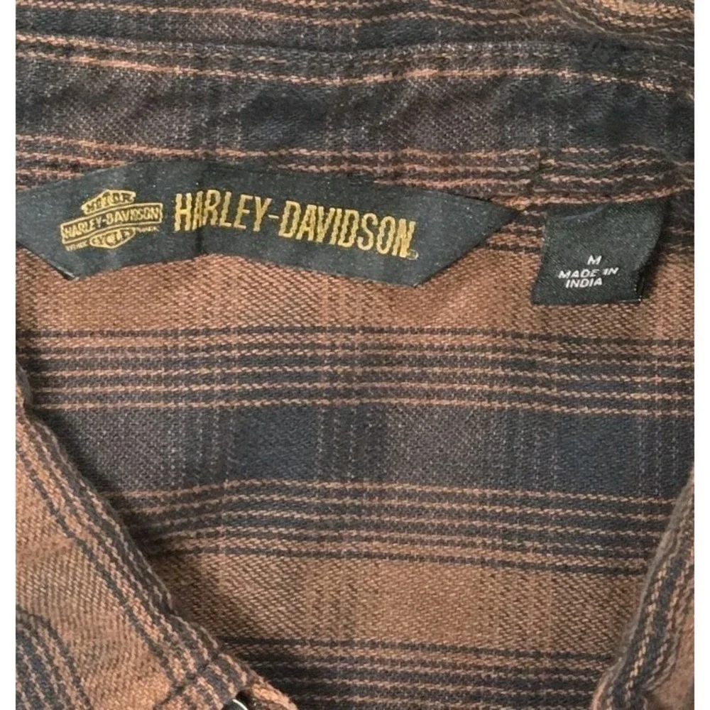 Harley-Davidson Men's Plaid Button-Up Shirt Brown Short Sleeve Embroidered Back